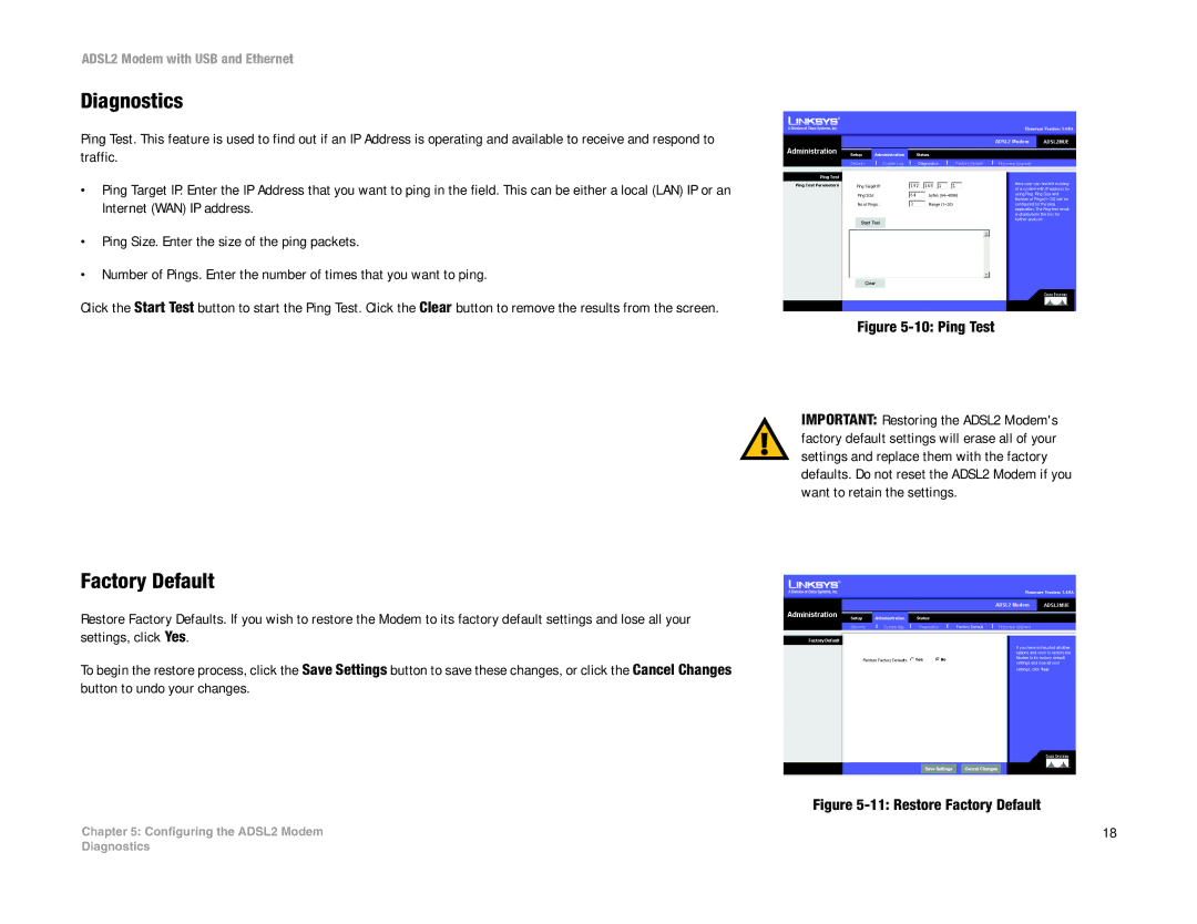 Linksys ADSL2MUE manual Diagnostics, Factory Default 