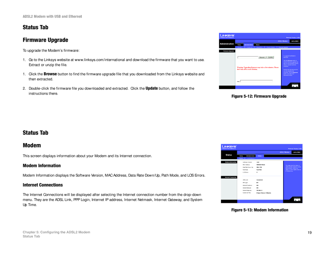 Linksys ADSL2MUE manual Status Tab Firmware Upgrade, Status Tab Modem 