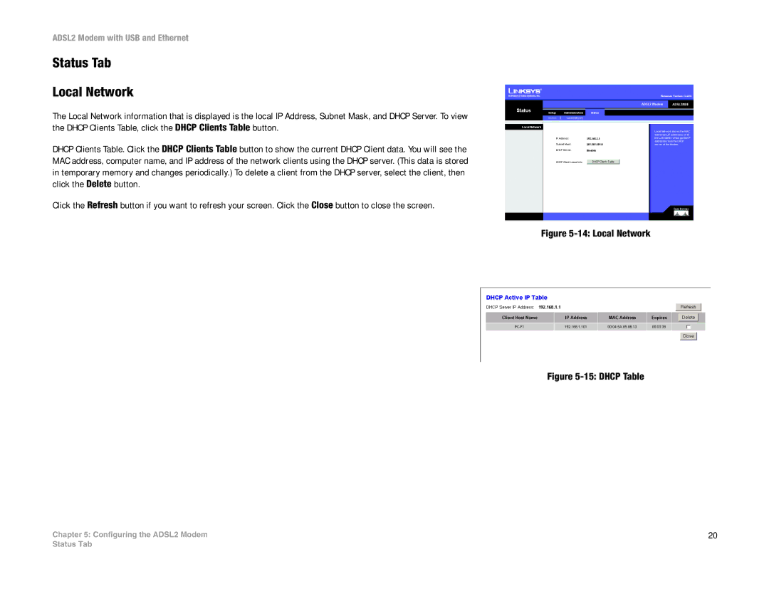 Linksys ADSL2MUE manual Status Tab Local Network 