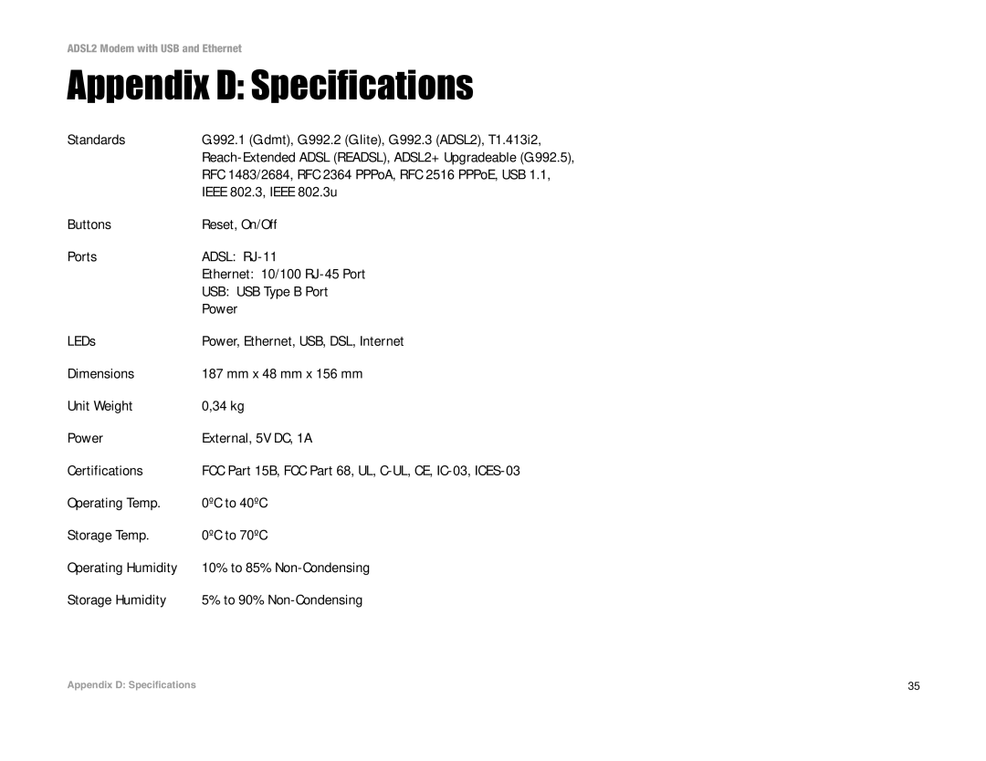 Linksys ADSL2MUE manual Appendix D Specifications 