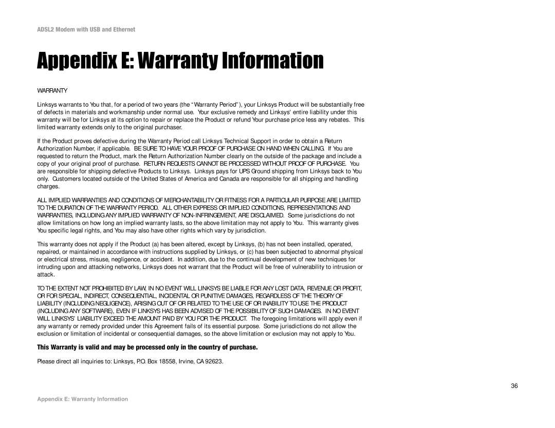 Linksys ADSL2MUE manual Appendix E Warranty Information 