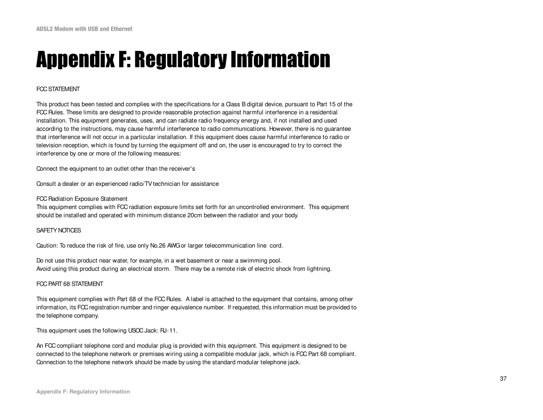 Linksys ADSL2MUE manual Appendix F Regulatory Information, FCC Statement 