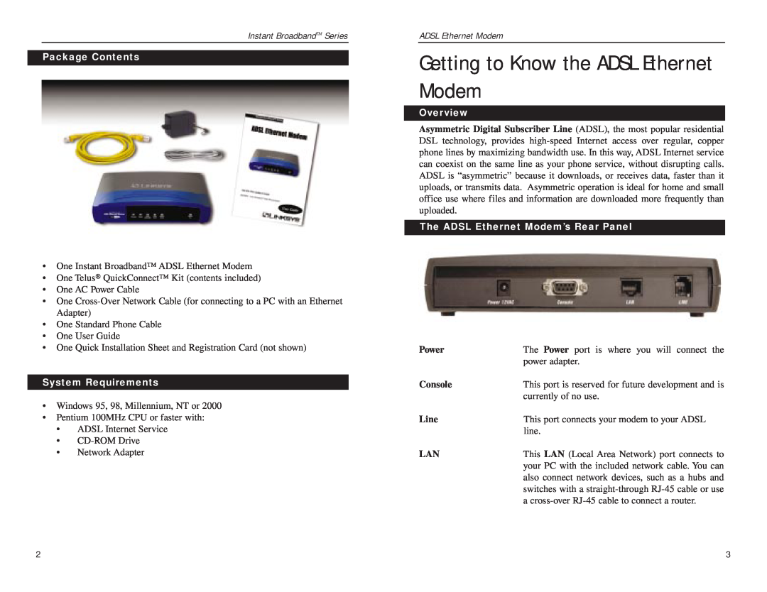 Linksys ADSLME1 Getting to Know the ADSL Ethernet Modem, Instant BroadbandTM Series, Package Contents, System Requirements 
