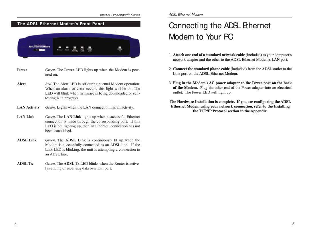 Linksys ADSLME1 Connecting the ADSL Ethernet Modem to Your PC, Instant BroadbandTM Series, Power, Alert, LAN Activity 