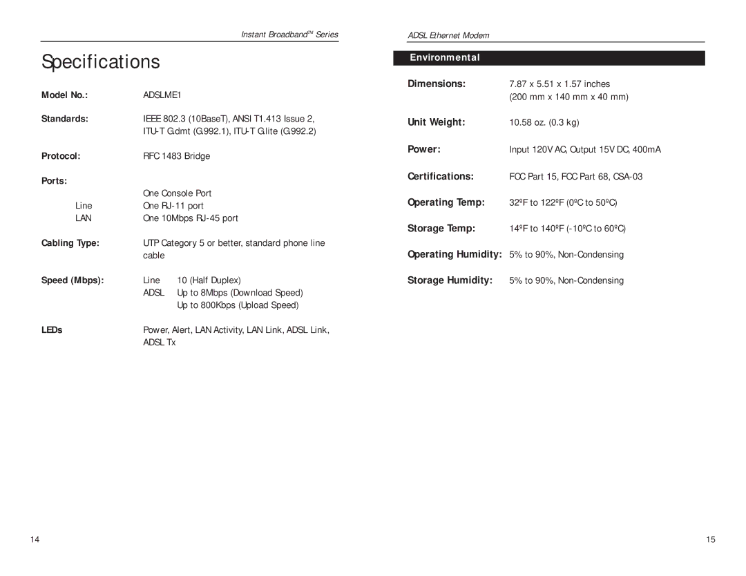 Linksys ADSLME1 manual Specifications, Environmental 