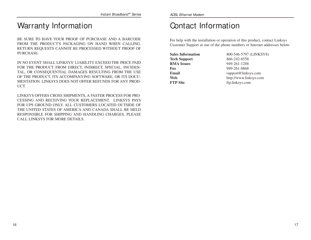 Linksys ADSLME1 manual Warranty Information, Contact Information 