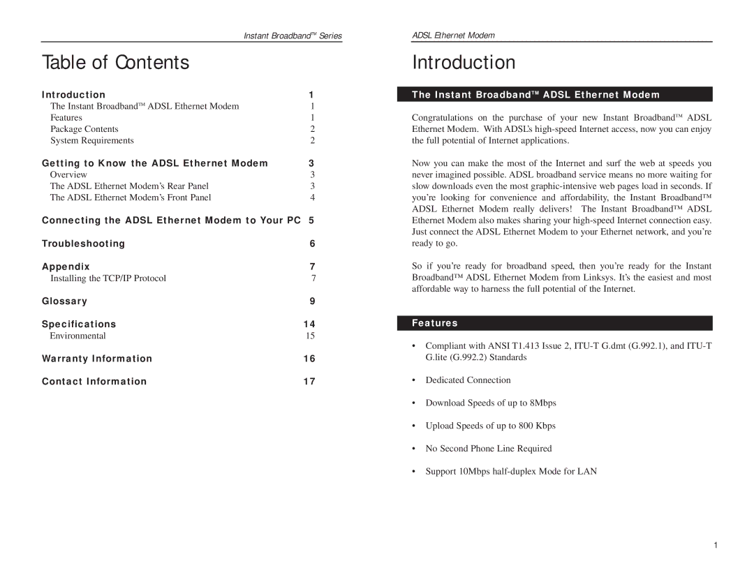 Linksys ADSLME1 manual Table of Contents, Introduction 