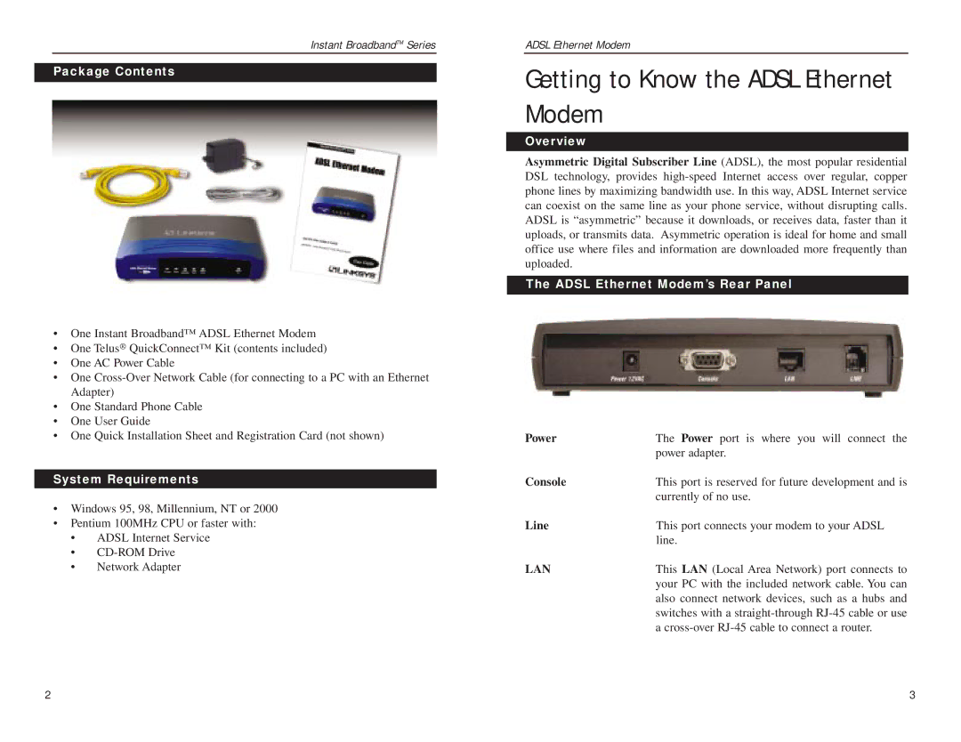 Linksys ADSLME1 manual Getting to Know the Adsl Ethernet Modem, Package Contents, System Requirements, Overview 