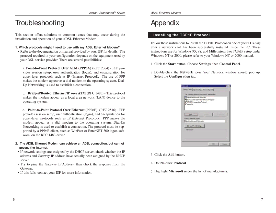 Linksys ADSLME1 manual Troubleshooting, Appendix, Installing the TCP/IP Protocol 