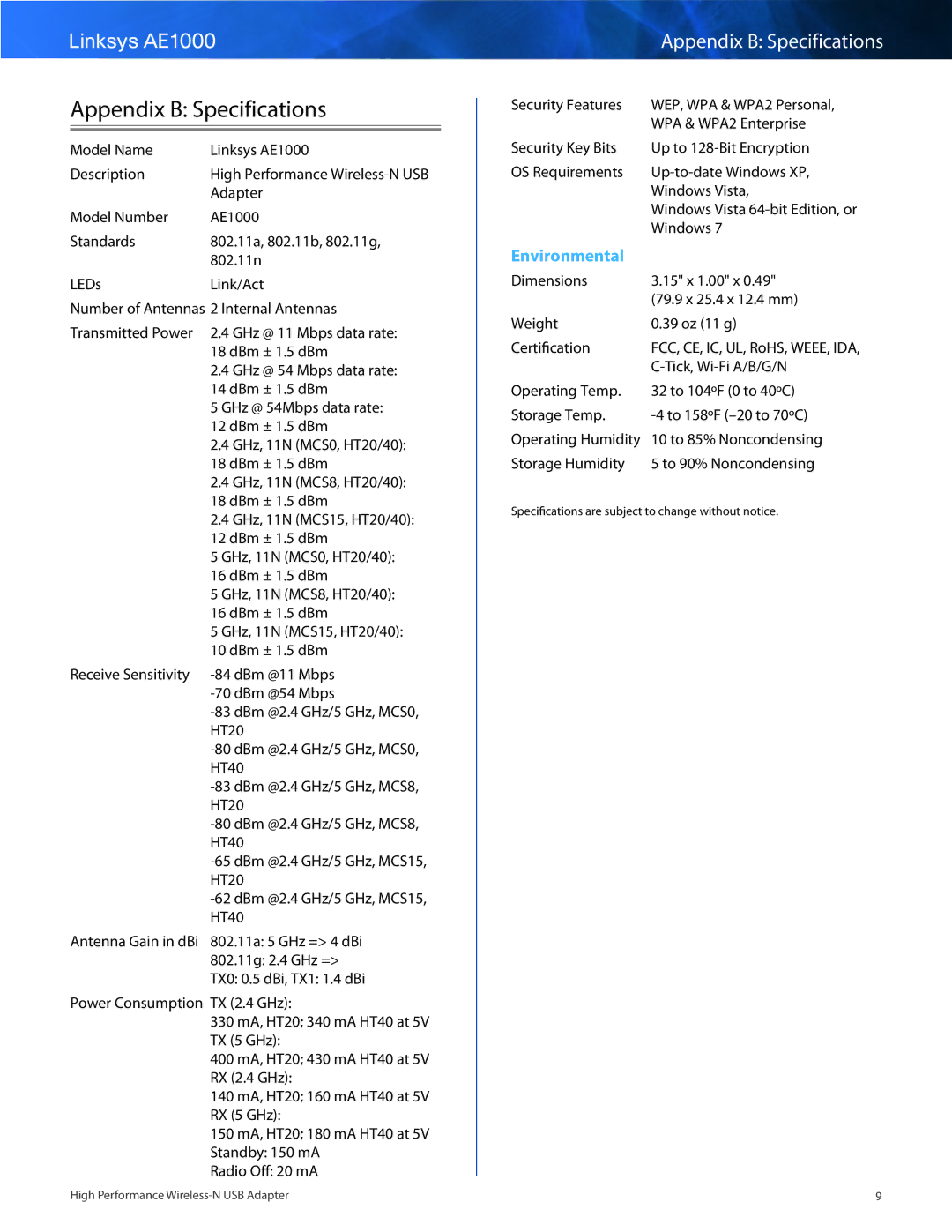 Linksys AE1000 manual Appendix B Specifications 