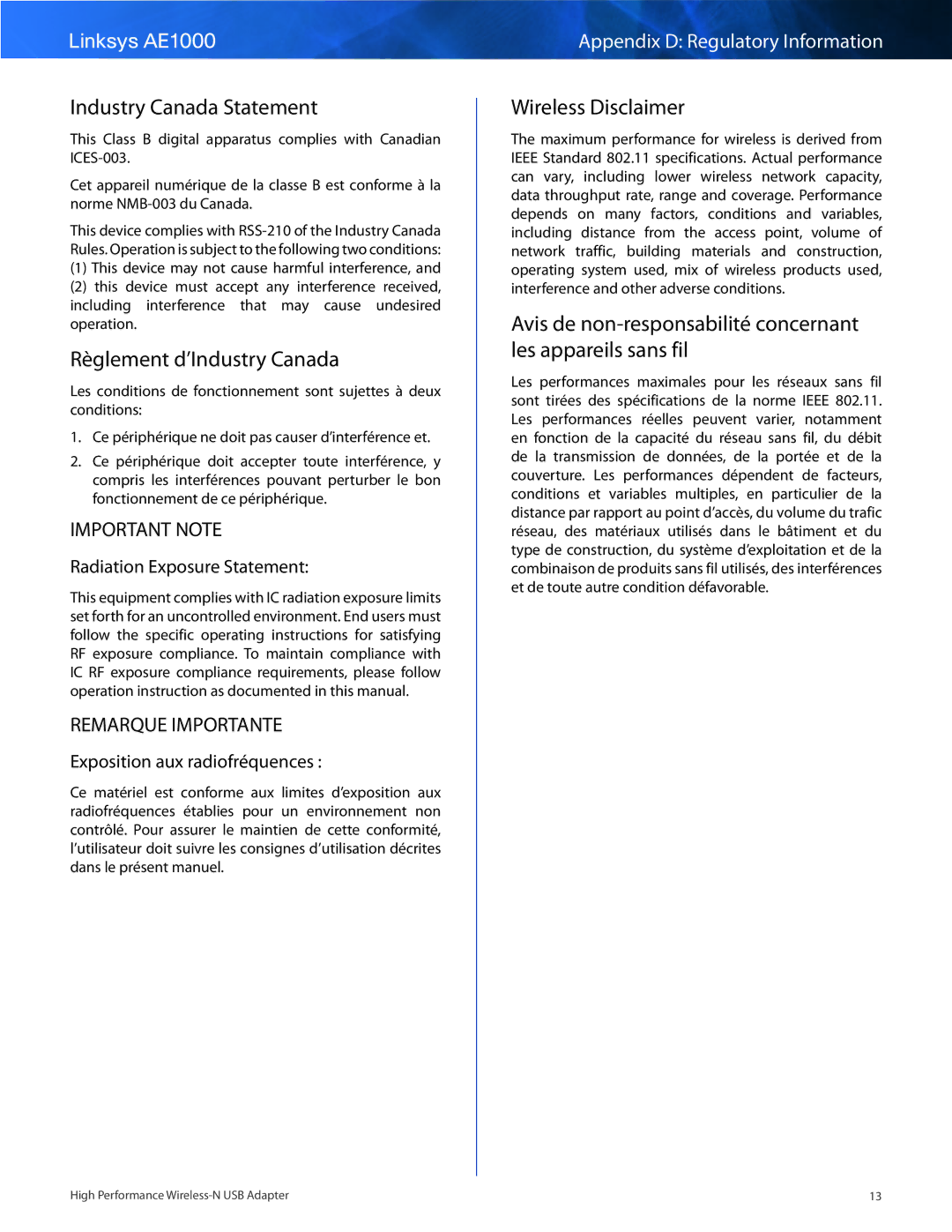 Linksys AE1000 manual Industry Canada Statement, Règlement d’Industry Canada, Wireless Disclaimer 