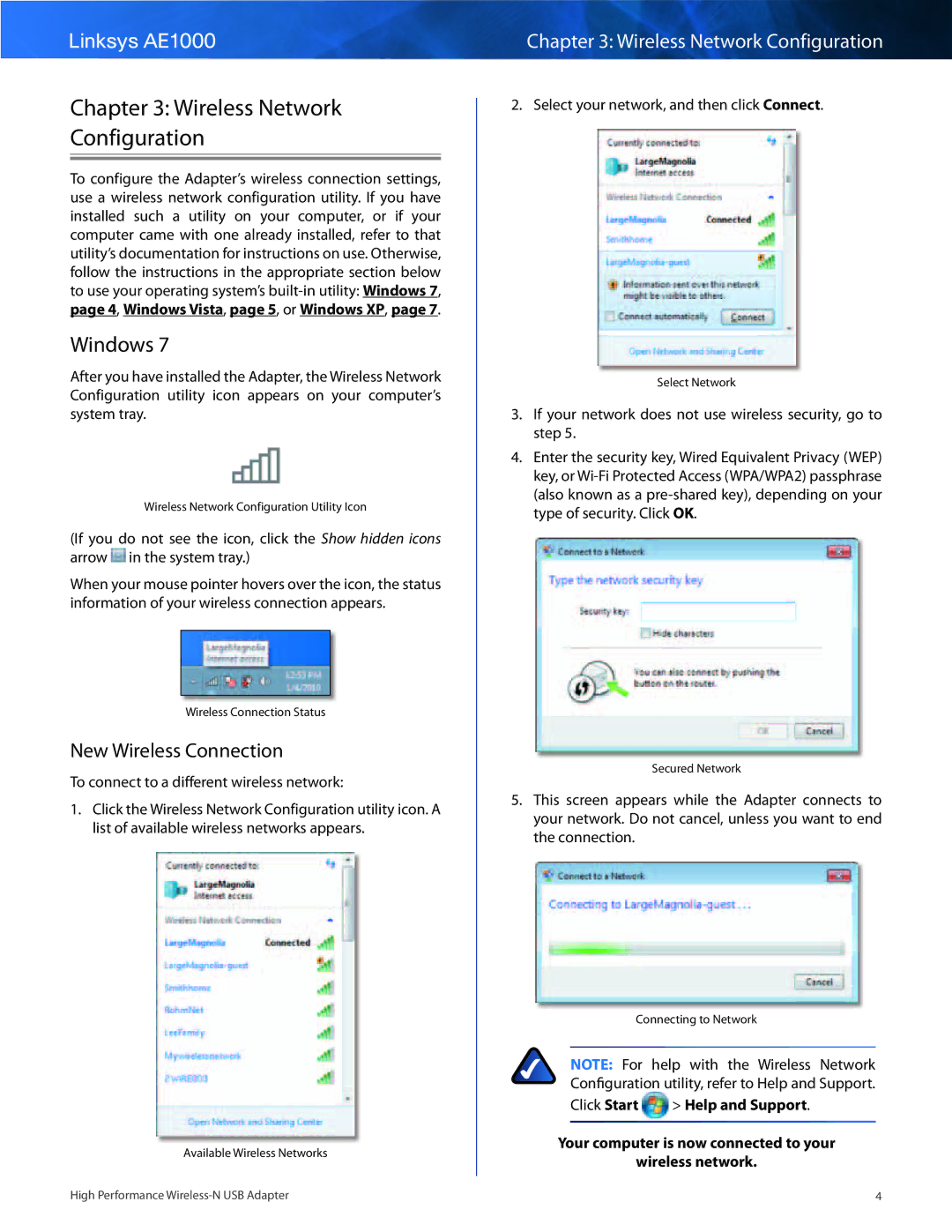 Linksys AE1000 manual Wireless Network Configuration, Windows, New Wireless Connection 