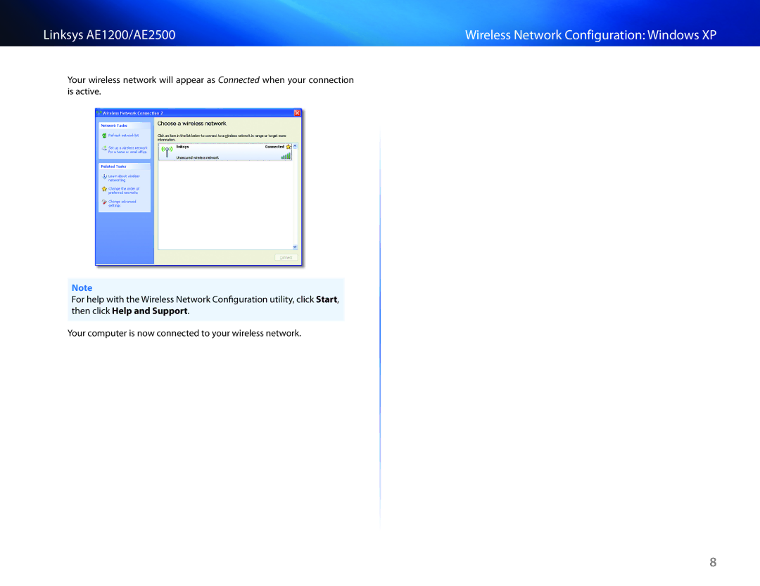 Linksys AE2500, AE1200 manual Wireless Network Configuration Windows XP 