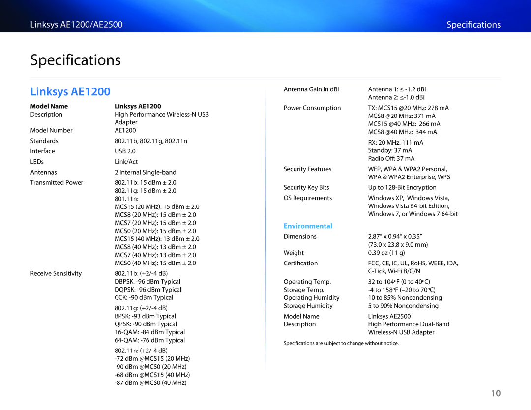 Linksys AE2500 manual Specifications, Model Name Linksys AE1200 