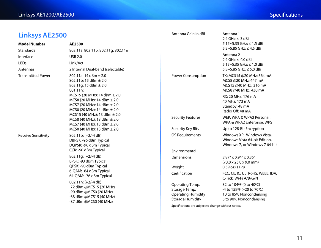 Linksys AE1200 manual Linksys AE2500, Model Number AE2500 