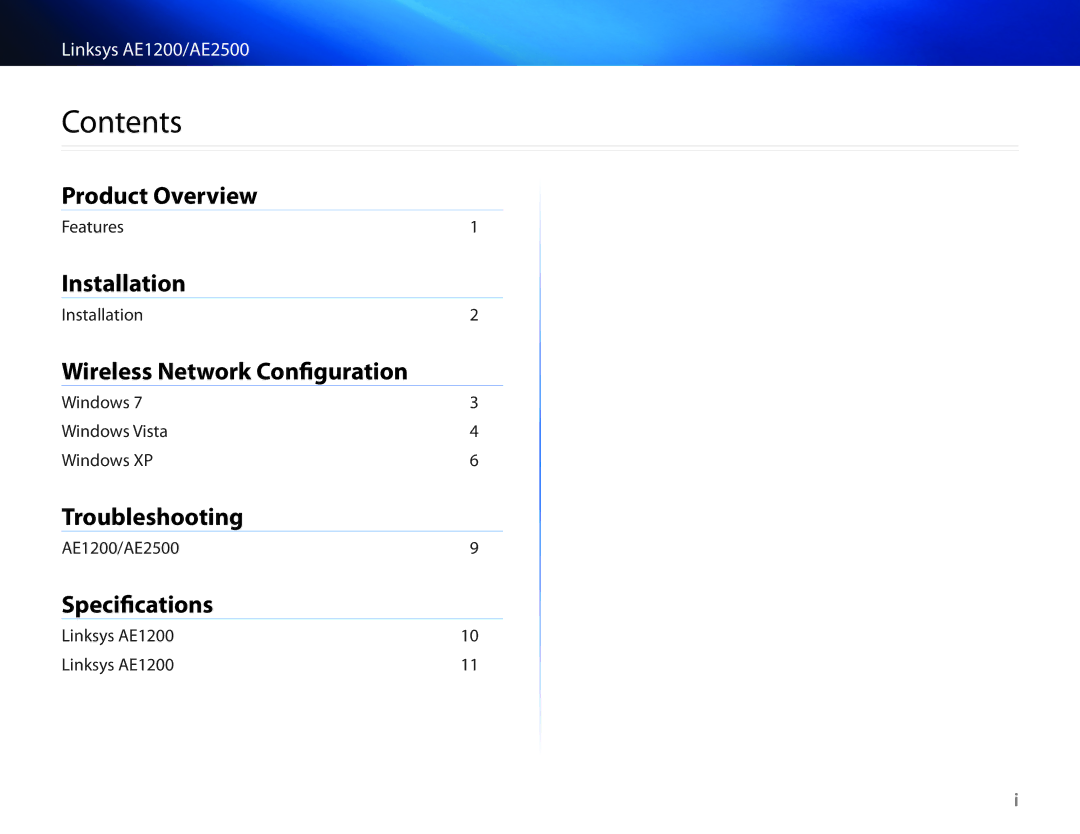 Linksys AE2500, AE1200 manual Contents 