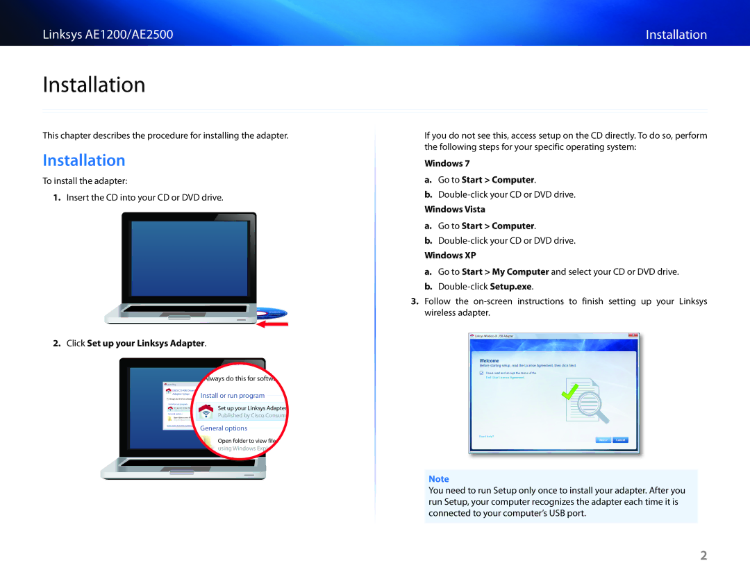 Linksys AE2500, AE1200 manual Installation 