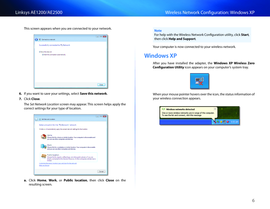 Linksys AE2500, AE1200 manual Wireless Network Configuration Windows XP 
