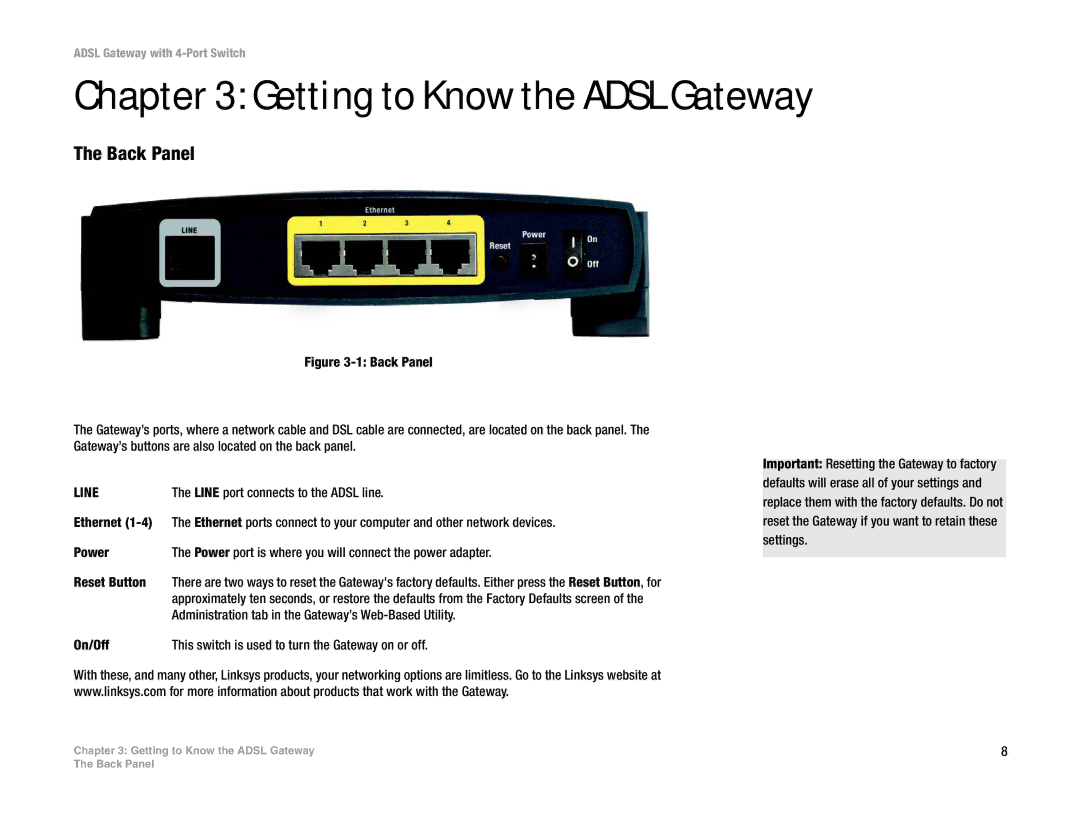 Linksys AG041 (EU) manual Getting to Know the Adsl Gateway, Back Panel 