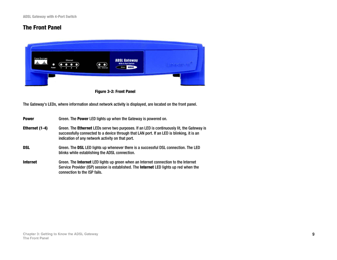 Linksys AG041 (EU) manual Front Panel, Dsl 