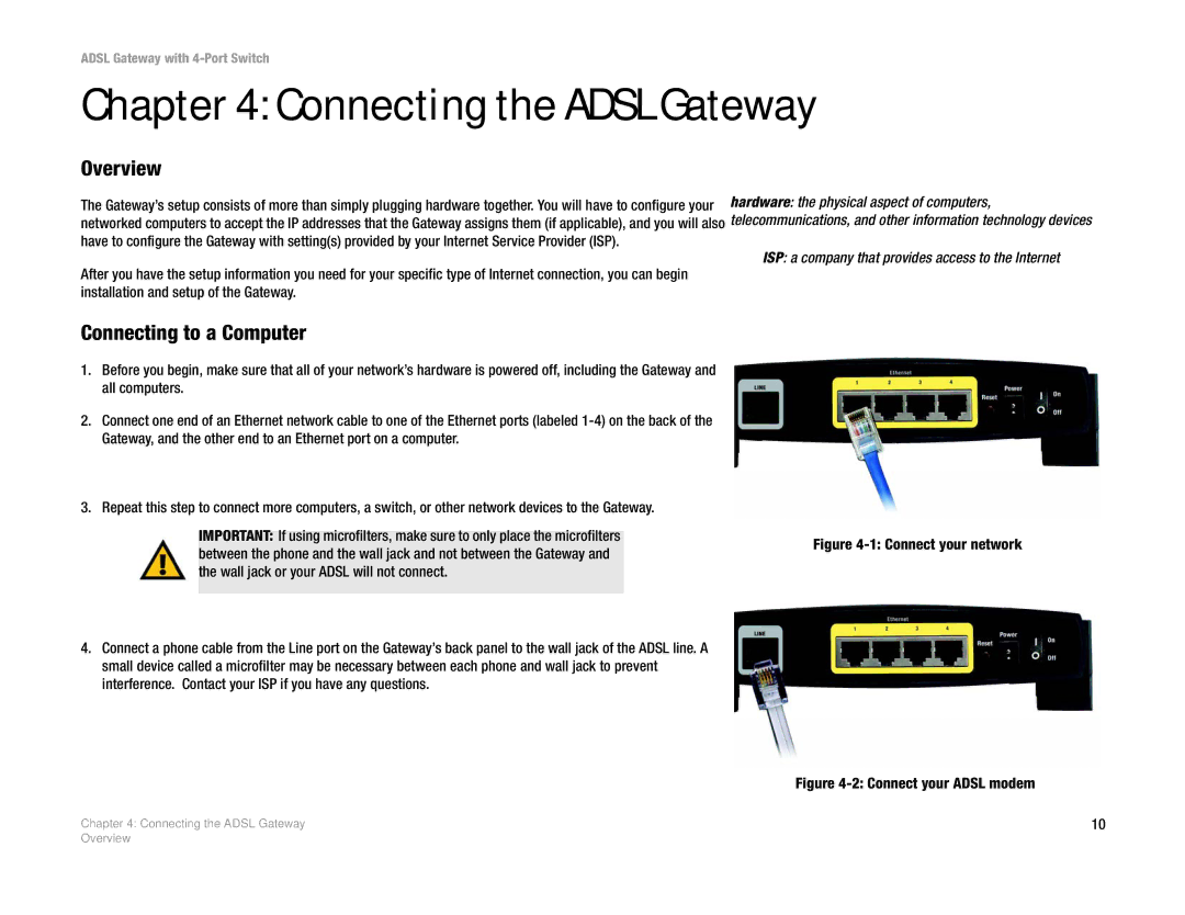 Linksys AG041 (EU) manual Connecting the Adsl Gateway, Overview, Connecting to a Computer 