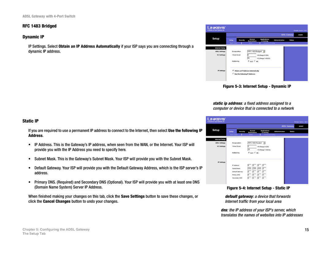 Linksys AG041 (EU) manual RFC 1483 Bridged Dynamic IP, Static IP 