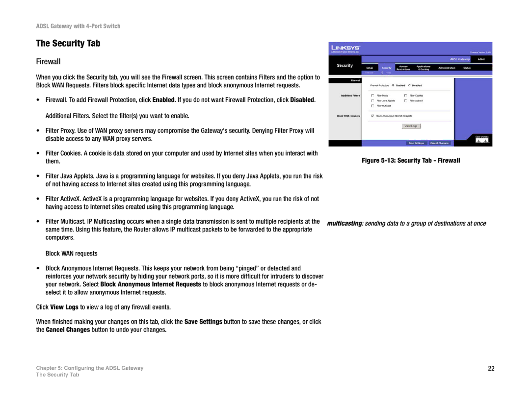 Linksys AG041 (EU) manual Security Tab, Firewall 