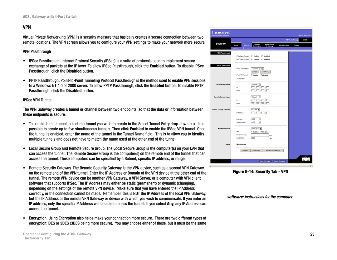 Linksys AG041 (EU) manual Vpn, Software instructions for the computer 