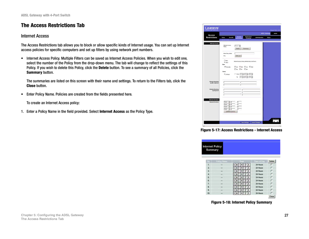 Linksys AG041 (EU) manual Access Restrictions Tab, Internet Access 