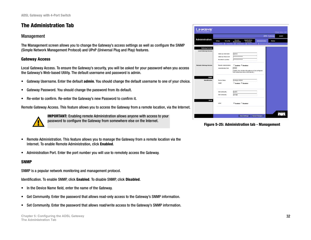 Linksys AG041 (EU) manual Administration Tab, Management, Gateway Access 