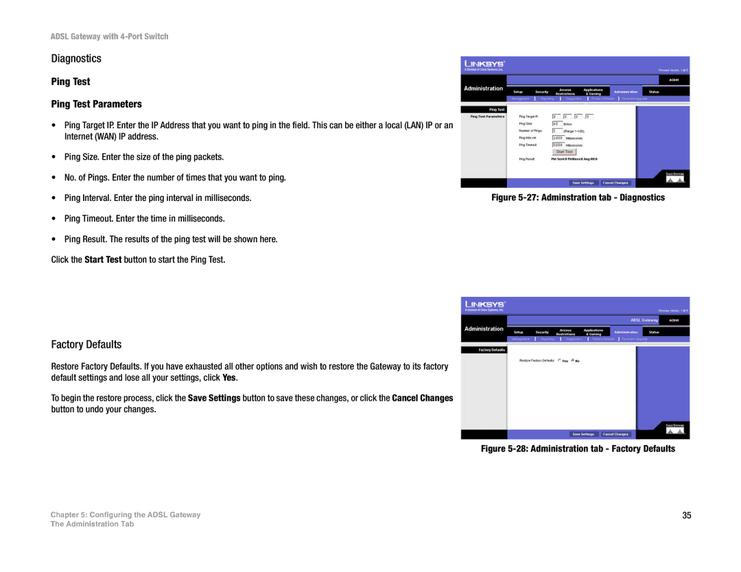 Linksys AG041 (EU) manual Diagnostics, Factory Defaults, Ping Test Ping Test Parameters 