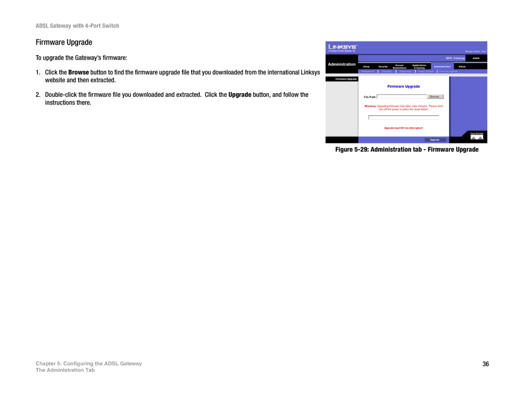 Linksys AG041 (EU) manual Administration tab Firmware Upgrade 