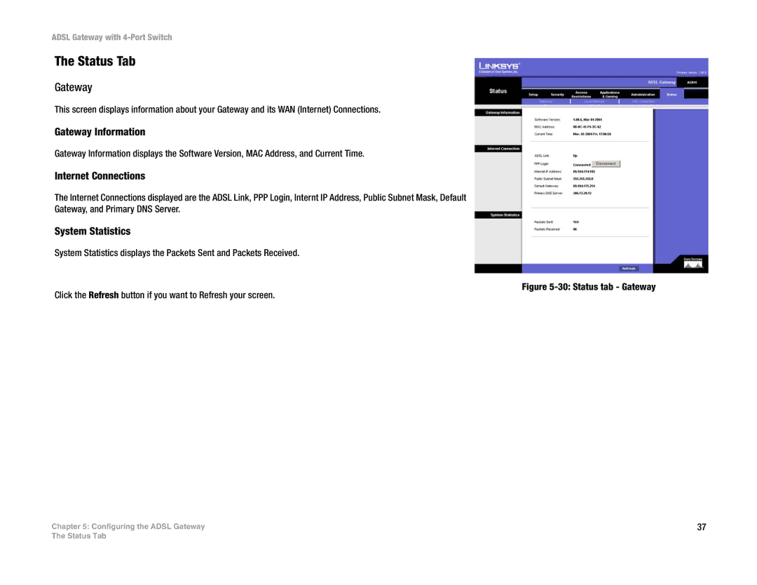 Linksys AG041 (EU) manual Status Tab, Gateway Information, Internet Connections, System Statistics 