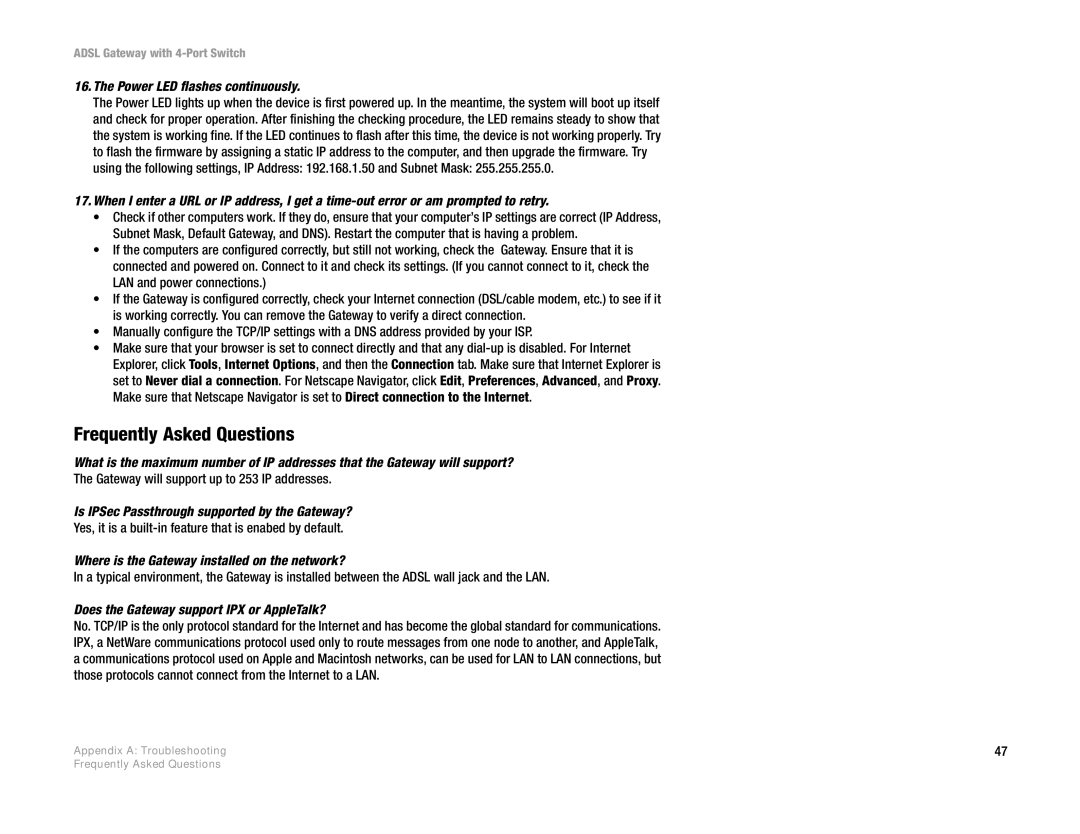 Linksys AG041 (EU) Frequently Asked Questions, Power LED flashes continuously, Does the Gateway support IPX or AppleTalk? 