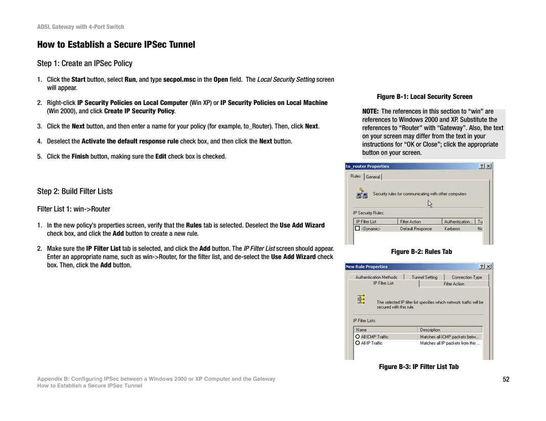 Linksys AG041 (EU) manual How to Establish a Secure IPSec Tunnel, Create an IPSec Policy, Build Filter Lists 