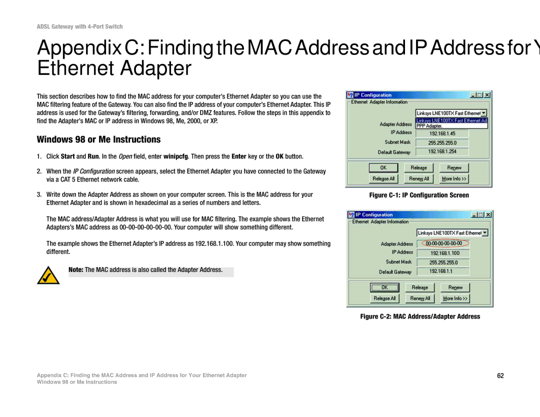 Linksys AG041 (EU) manual Windows 98 or Me Instructions, Figure C-1 IP Configuration Screen 