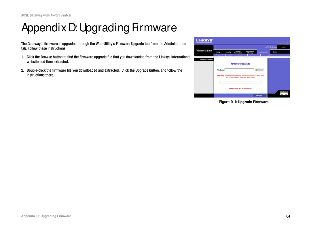 Linksys AG041 (EU) manual Appendix D Upgrading Firmware, Figure D-1 Upgrade Firmware 