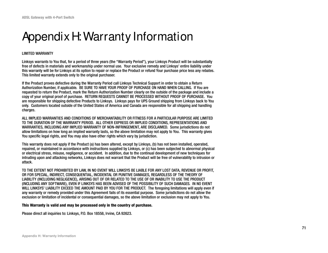 Linksys AG041 (EU) manual Appendix H Warranty Information, Limited Warranty 