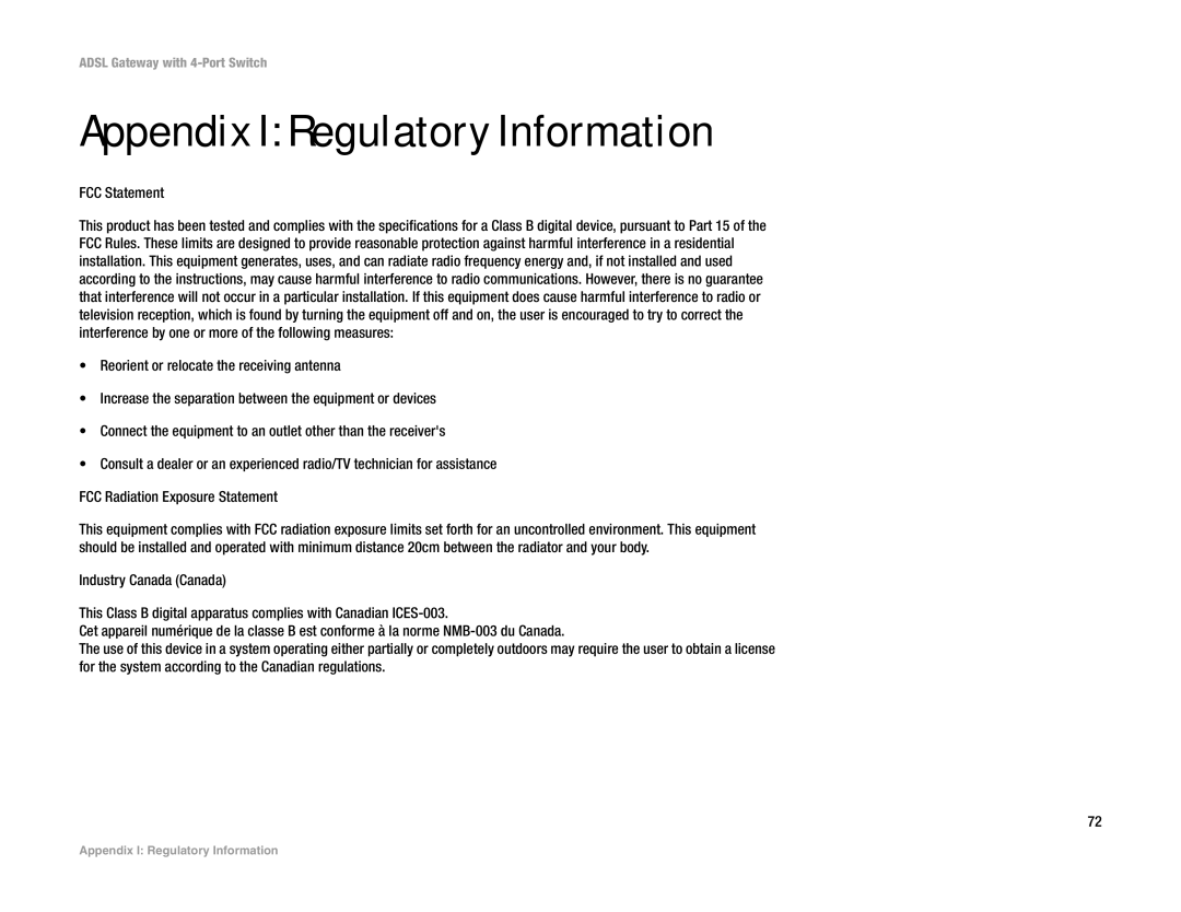 Linksys AG041 (EU) manual Appendix I Regulatory Information, FCC Statement 