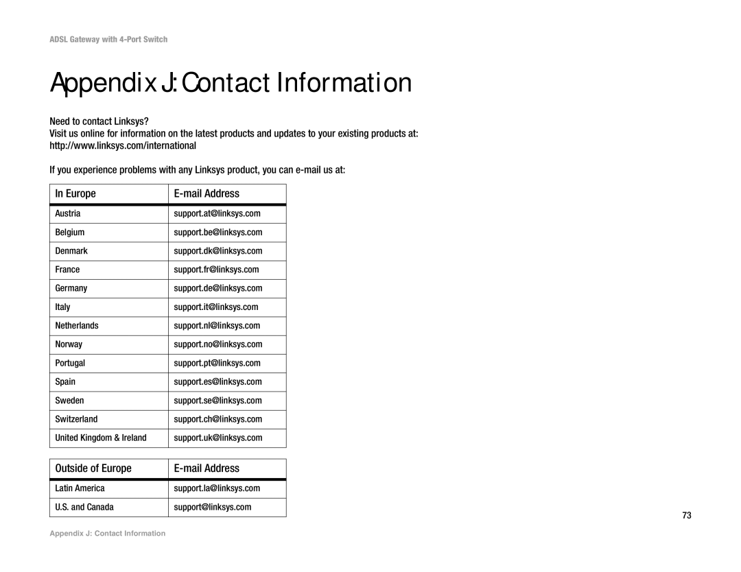 Linksys AG041 (EU) manual Appendix J Contact Information, Outside of Europe Mail Address 