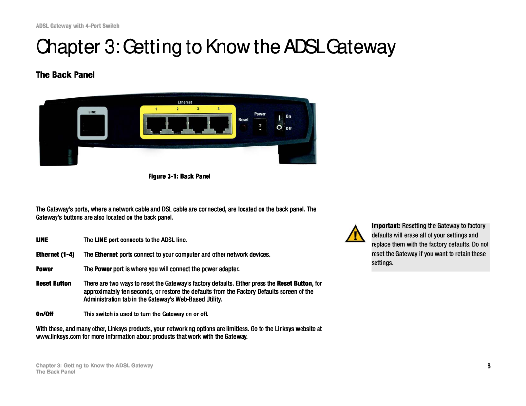Linksys AG041 (EU) manual Getting to Know the ADSL Gateway, The Back Panel 