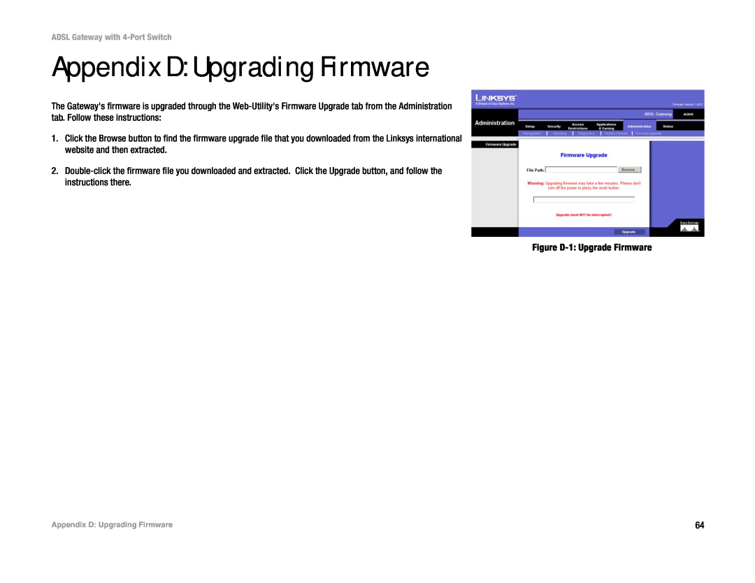 Linksys AG041 (EU) manual Appendix D Upgrading Firmware 