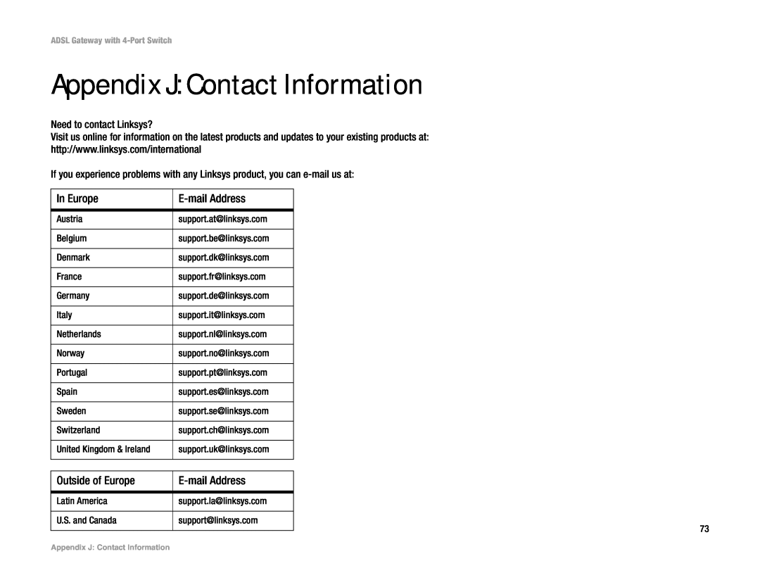 Linksys AG041 (EU) manual Appendix J Contact Information 