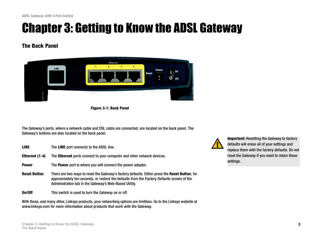 Linksys AG041 manual Getting to Know the Adsl Gateway, Back Panel 