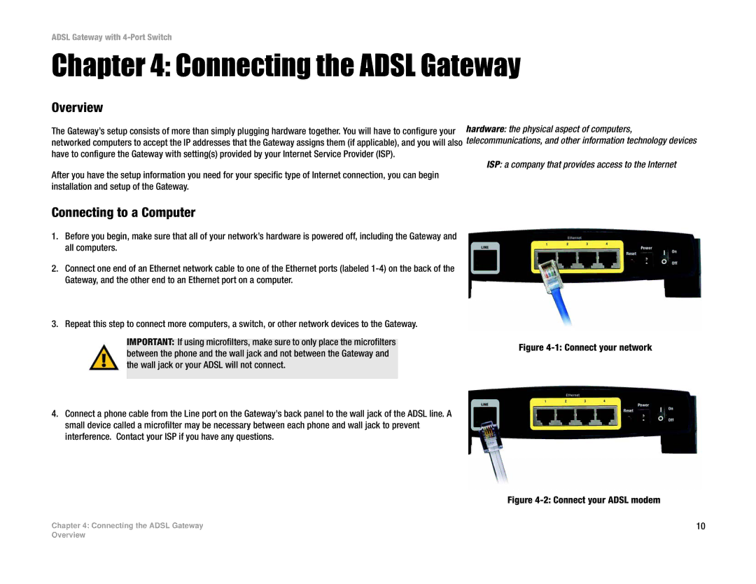 Linksys AG041 manual Connecting the Adsl Gateway, Overview, Connecting to a Computer 