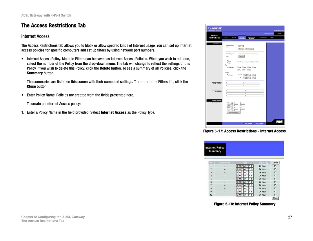 Linksys AG041 manual Access Restrictions Tab, Internet Access 