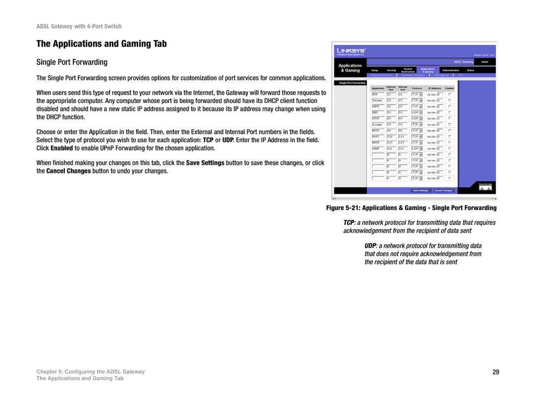 Linksys AG041 manual Applications and Gaming Tab, Single Port Forwarding 