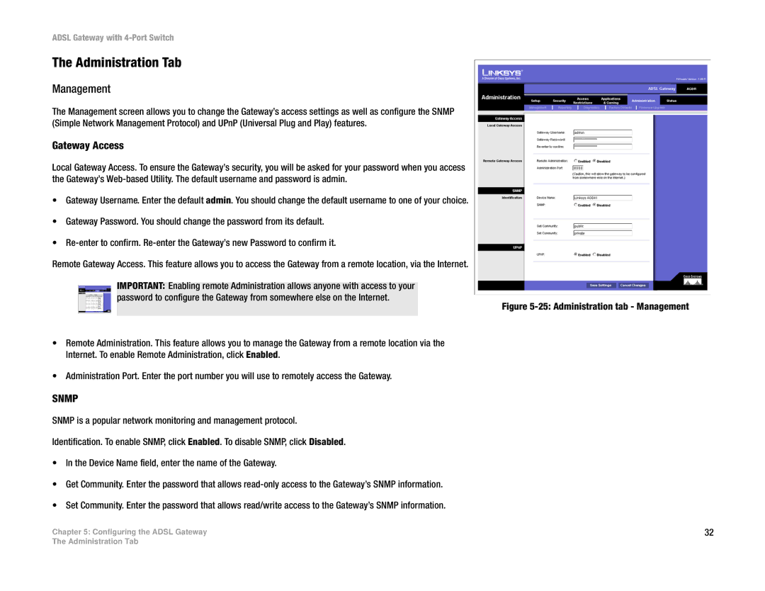 Linksys AG041 manual Administration Tab, Management, Gateway Access 