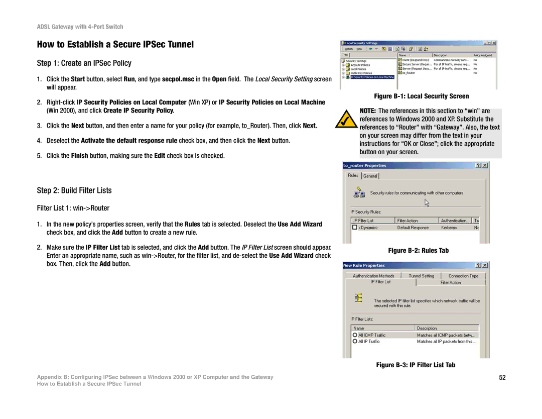 Linksys AG041 How to Establish a Secure IPSec Tunnel, Create an IPSec Policy, Build Filter Lists, Filter List 1 win-Router 