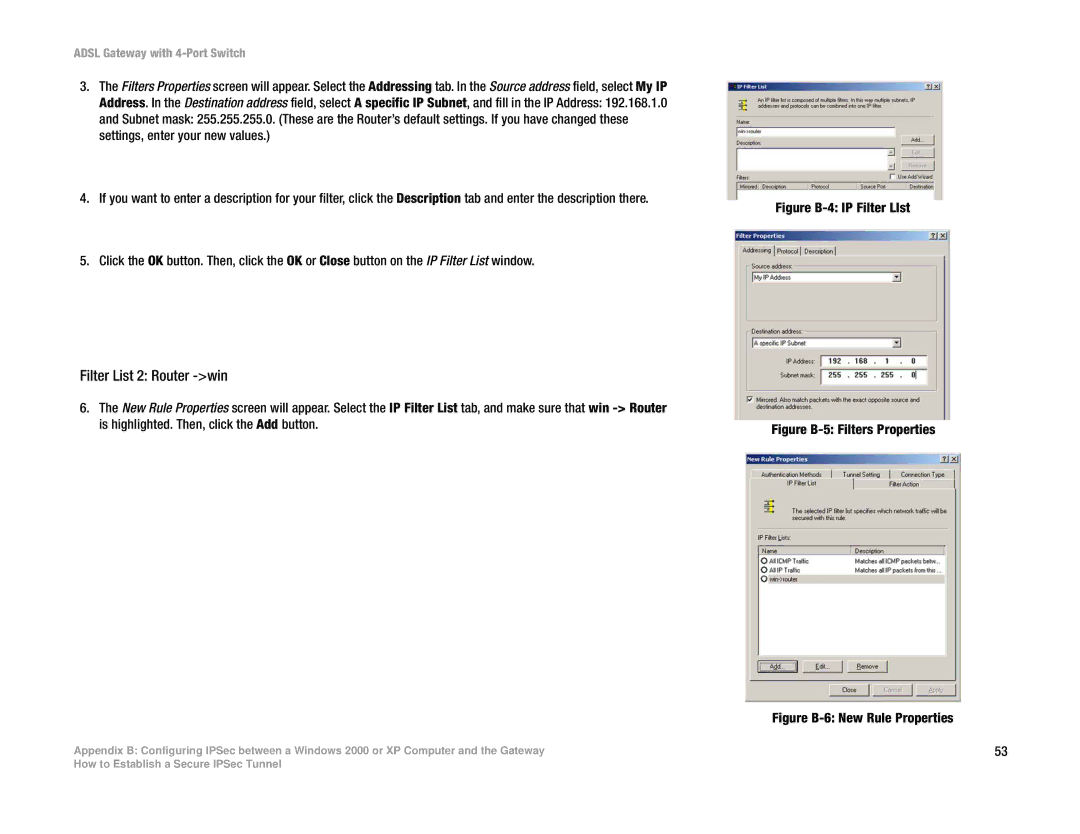 Linksys AG041 manual Filter List 2 Router -win, Figure B-4 IP Filter LIst 